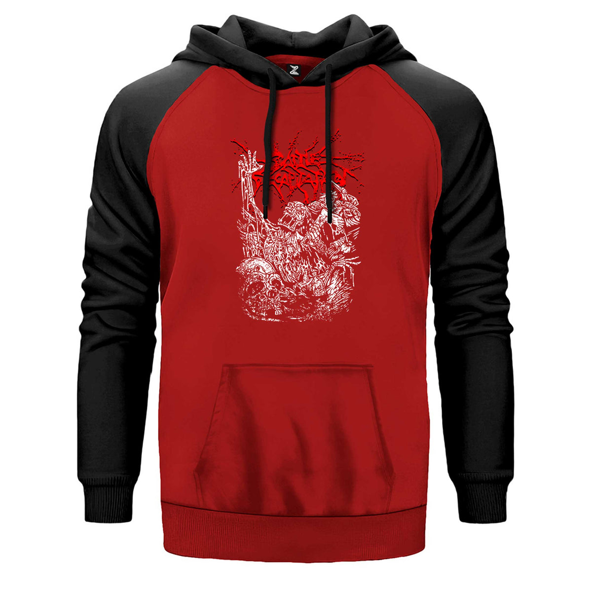 Cattle Decapitation Design Classic çift renk reglan kol kapşonlu sweatshirt - kırmızı