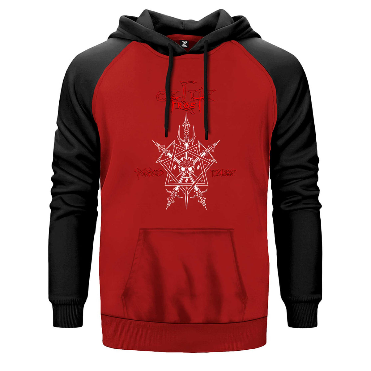 Celtic Frost Morbid Tales çift renk reglan kol kapşonlu sweatshirt - kırmızı