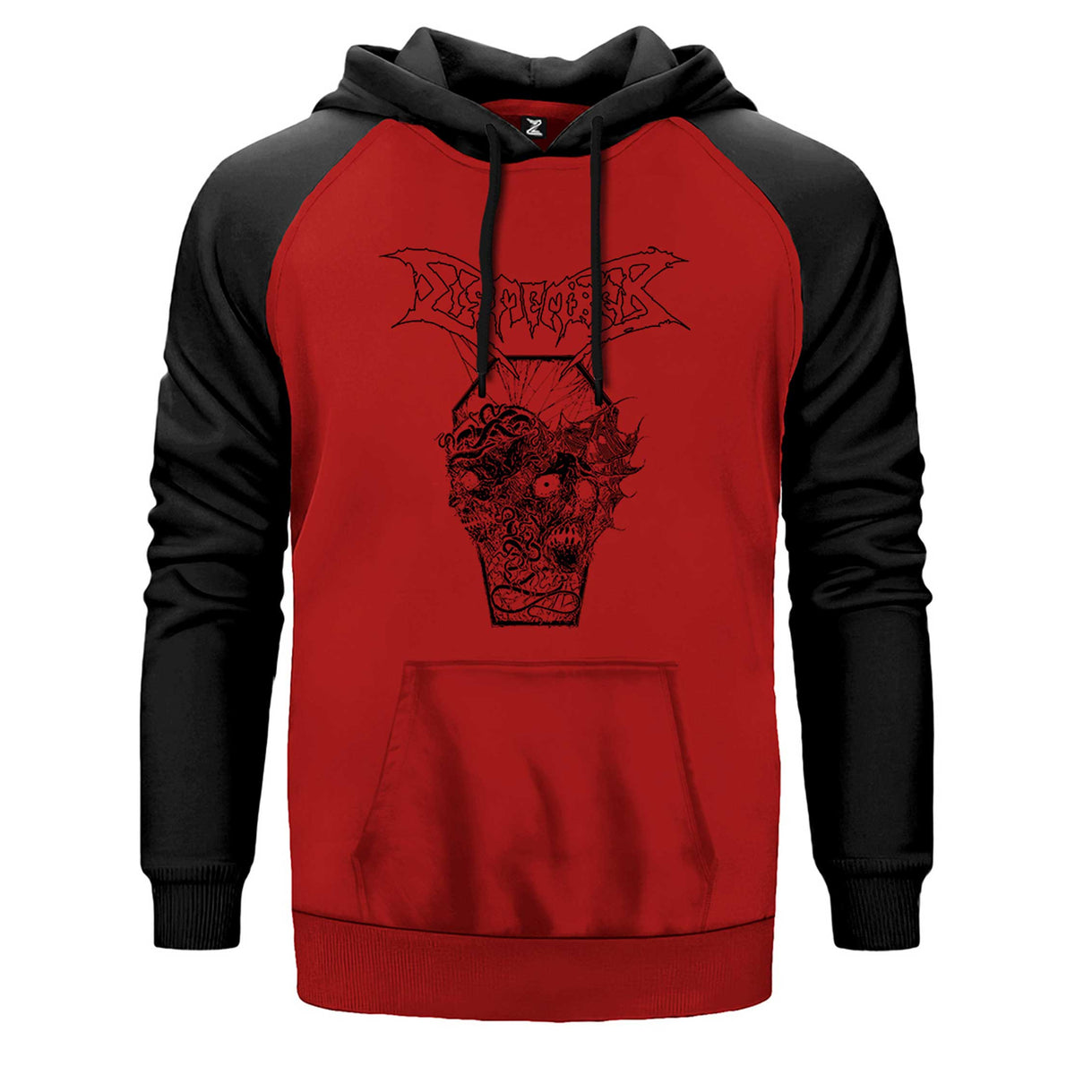 Dismember Skull çift renk reglan kol kapşonlu sweatshirt - kırmızı