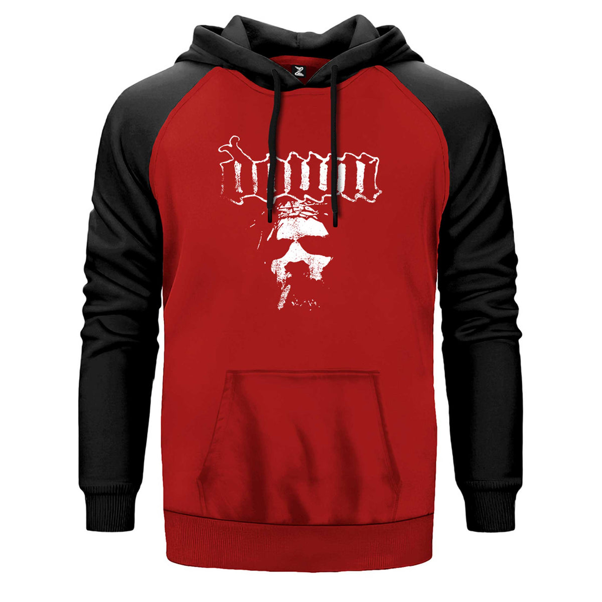 Down Jesus Face çift renk reglan kol kapşonlu sweatshirt - kırmızı