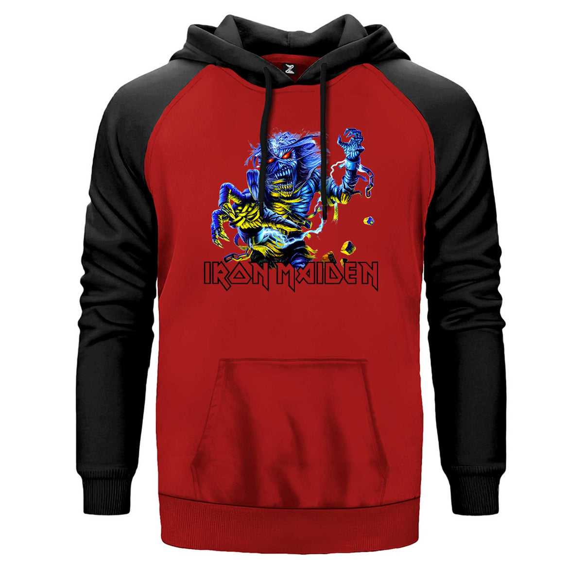 Iron Maiden Sleeve çift renk reglan kol kapşonlu sweatshirt - kırmızı
