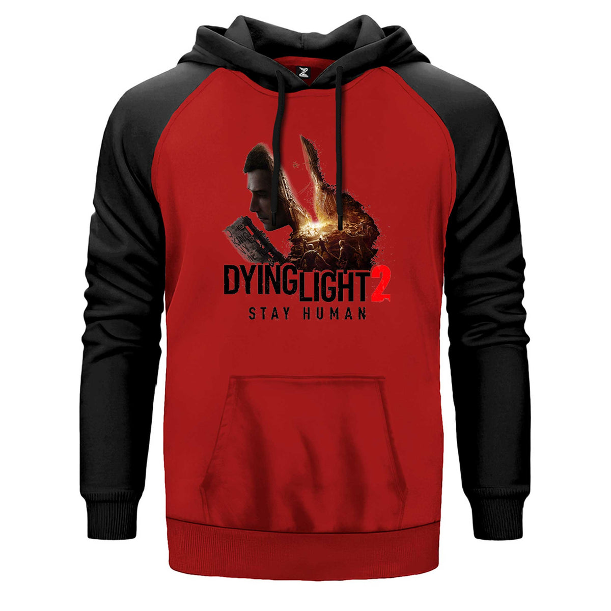 Dying Light Stay Human çift renk reglan kol kapşonlu sweatshirt - kırmızı
