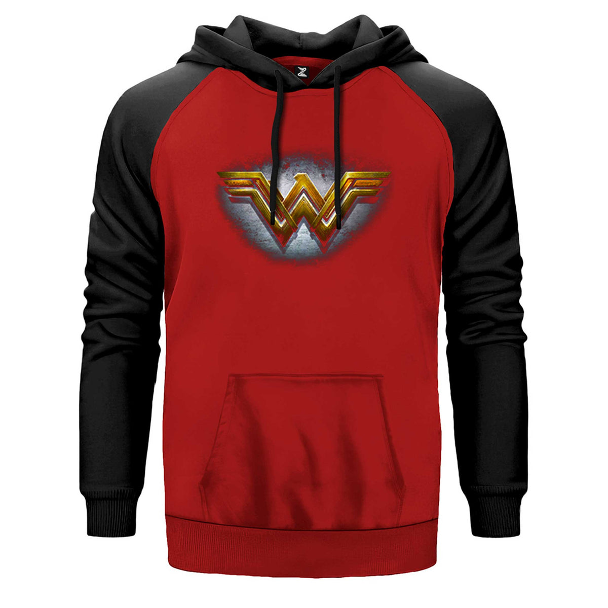 Wonder Woman Gold Logo çift renk reglan kol kapşonlu sweatshirt - kırmızı