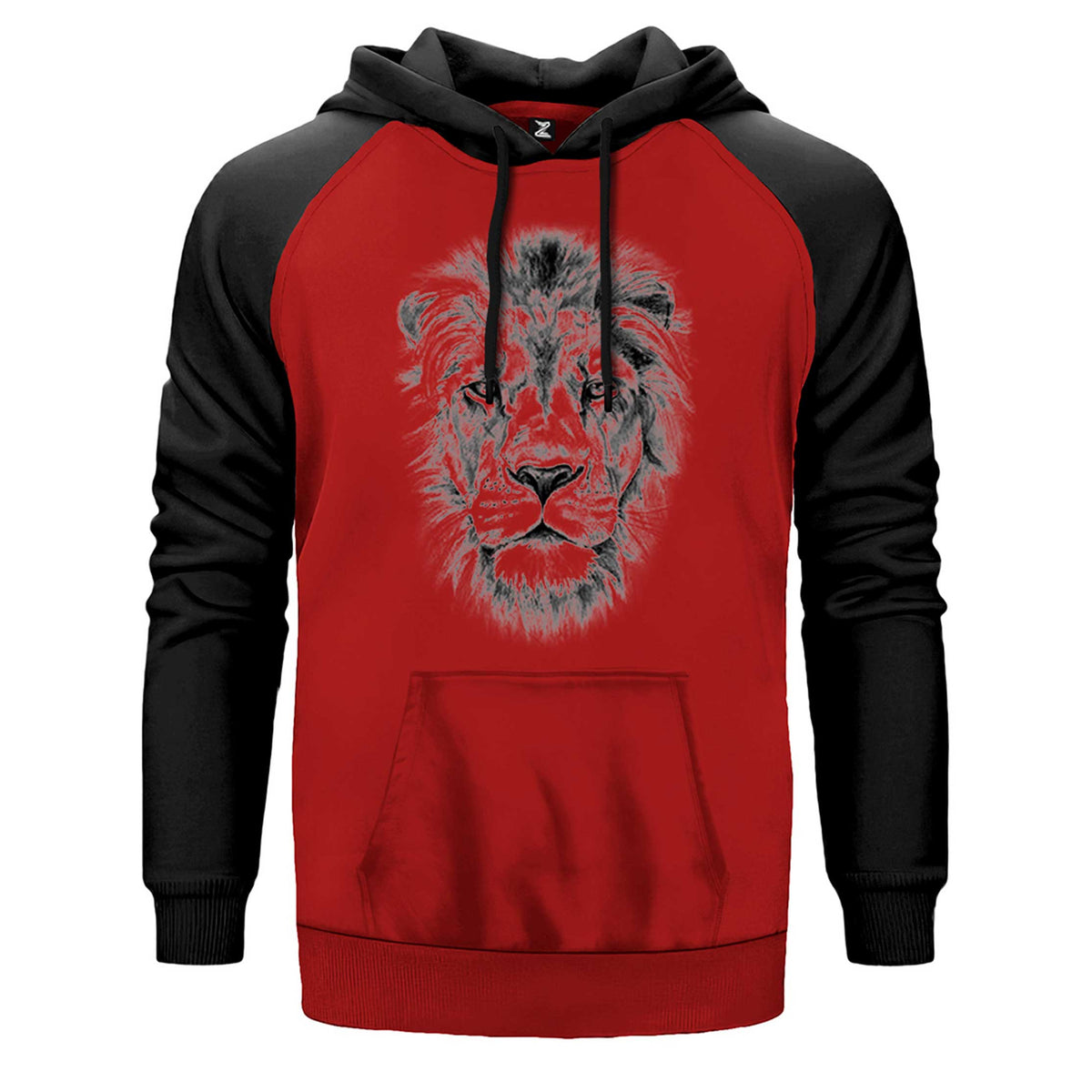 Lion Face çift renk reglan kol kapşonlu sweatshirt - kırmızı