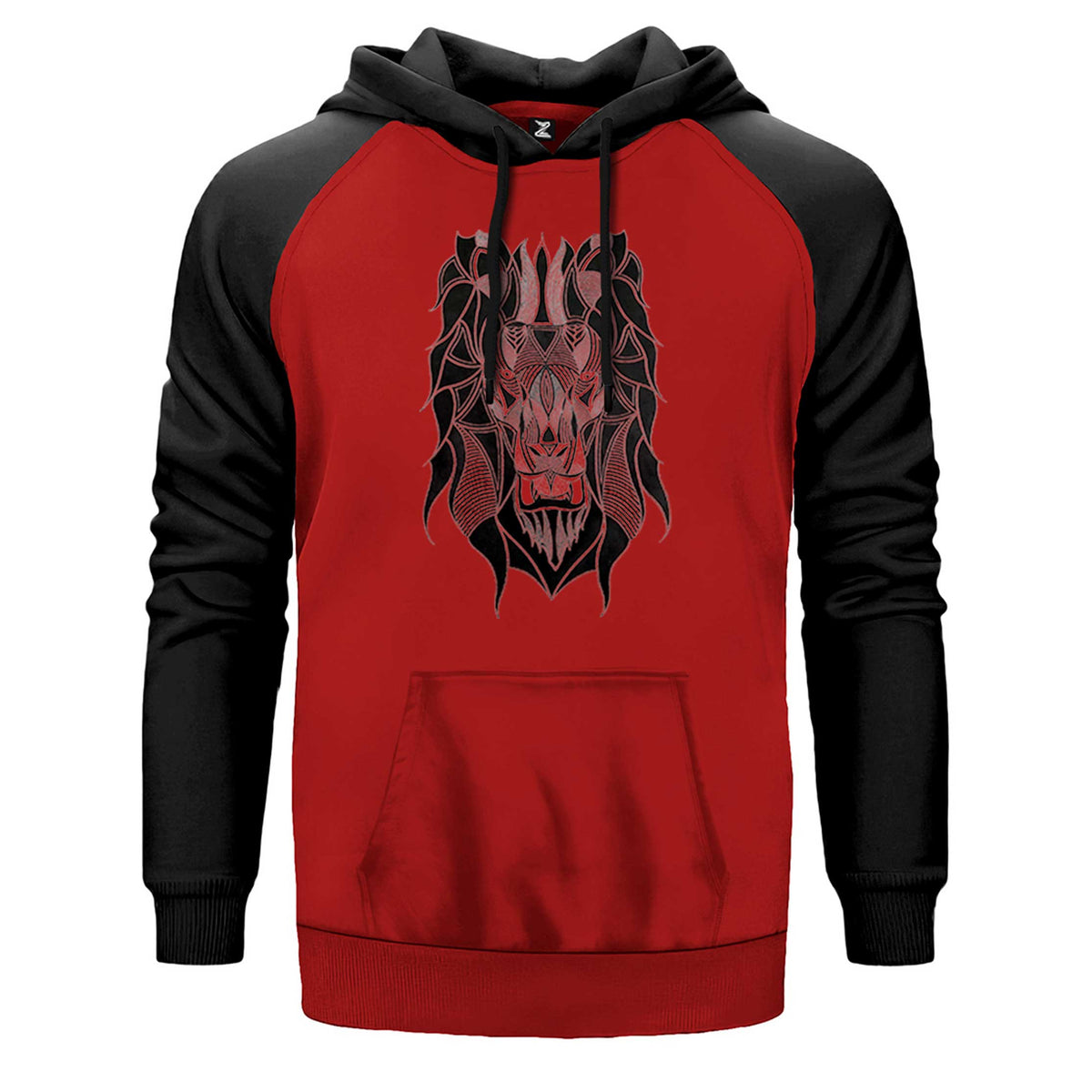 Lion Mozaik çift renk reglan kol kapşonlu sweatshirt - kırmızı