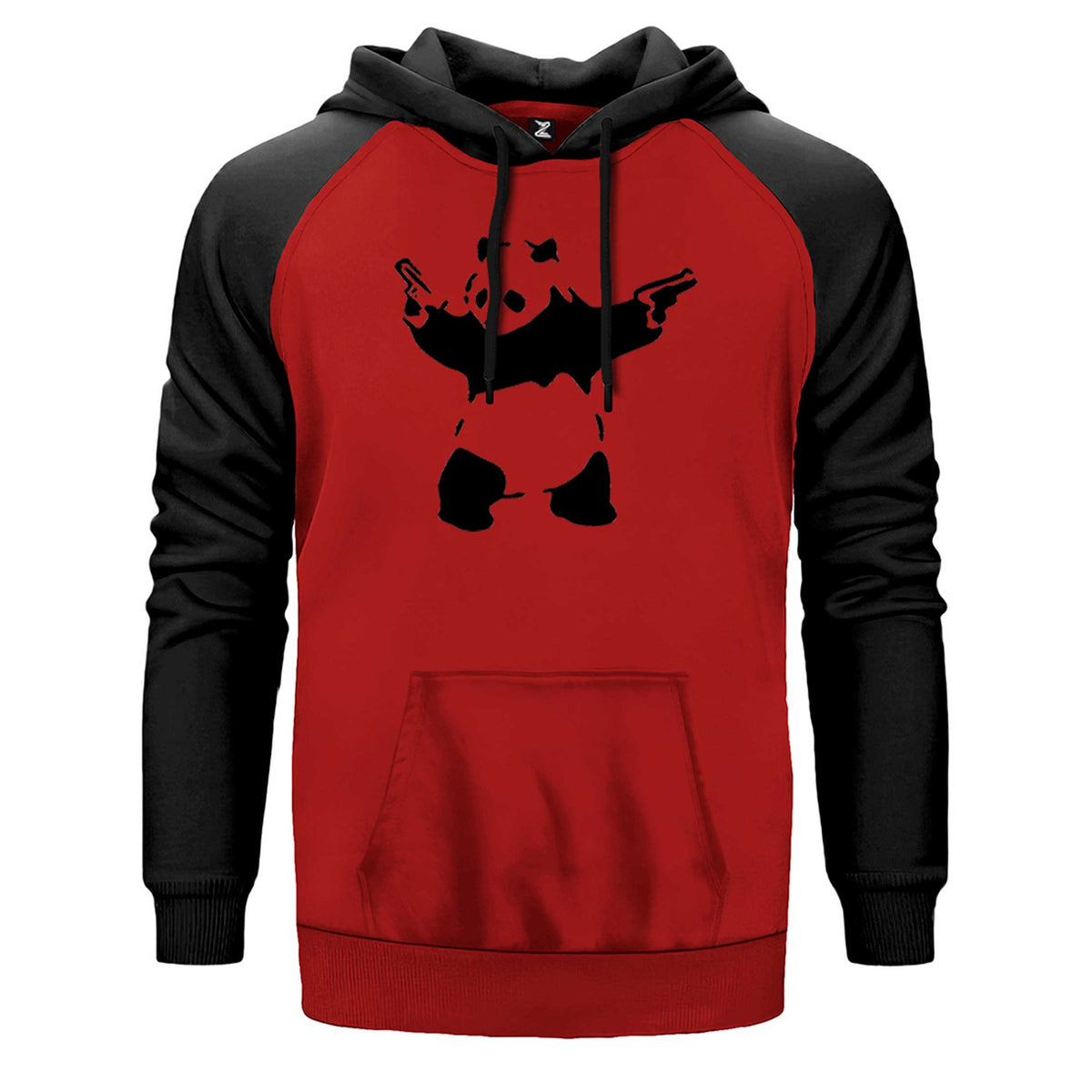Panda Guns çift renk reglan kol kapşonlu sweatshirt - kırmızı