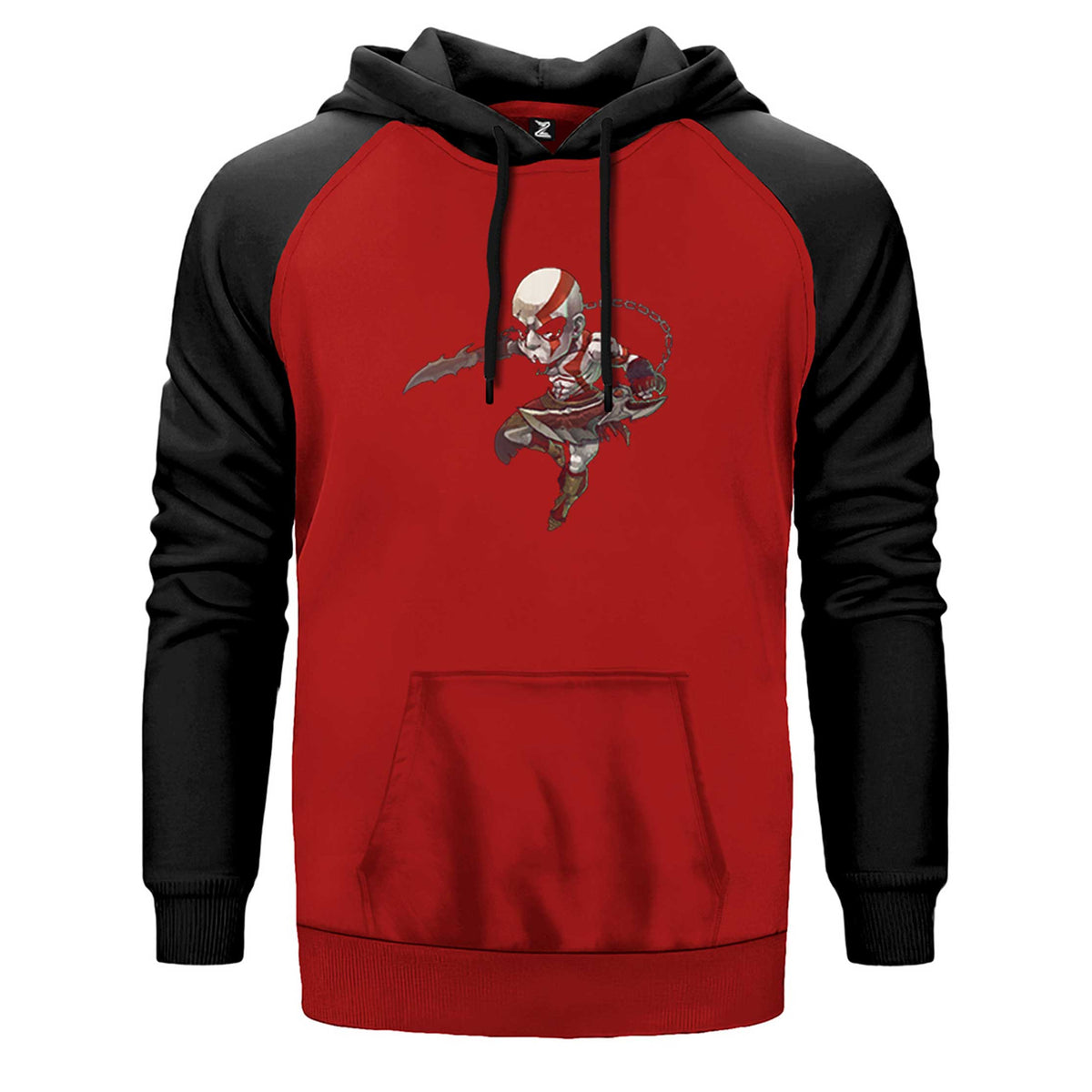 God Of War Kratos Cartoon çift renk reglan kol kapşonlu sweatshirt - kırmızı