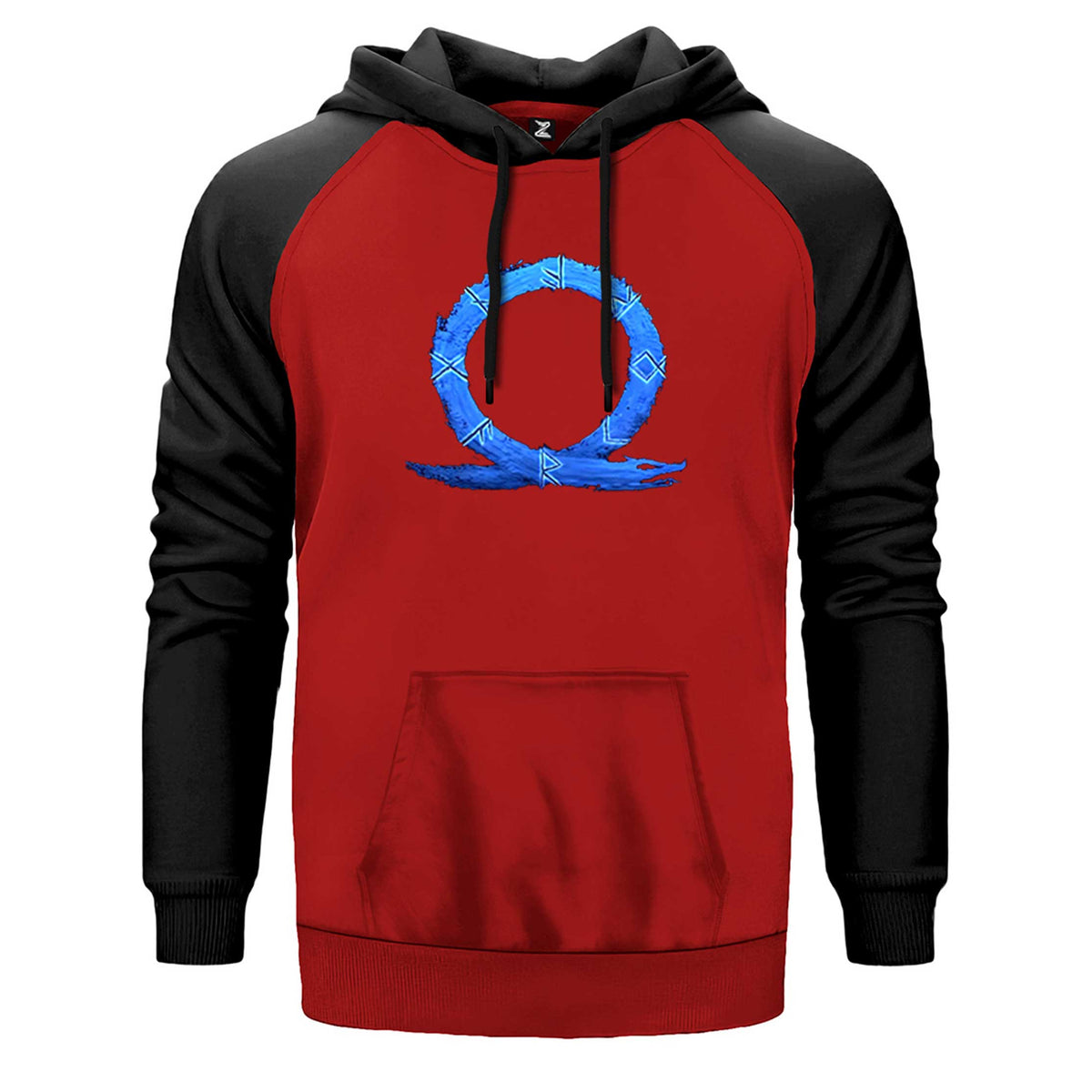 God of War Ragnarok Blue Logo çift renk reglan kol kapşonlu sweatshirt - kırmızı