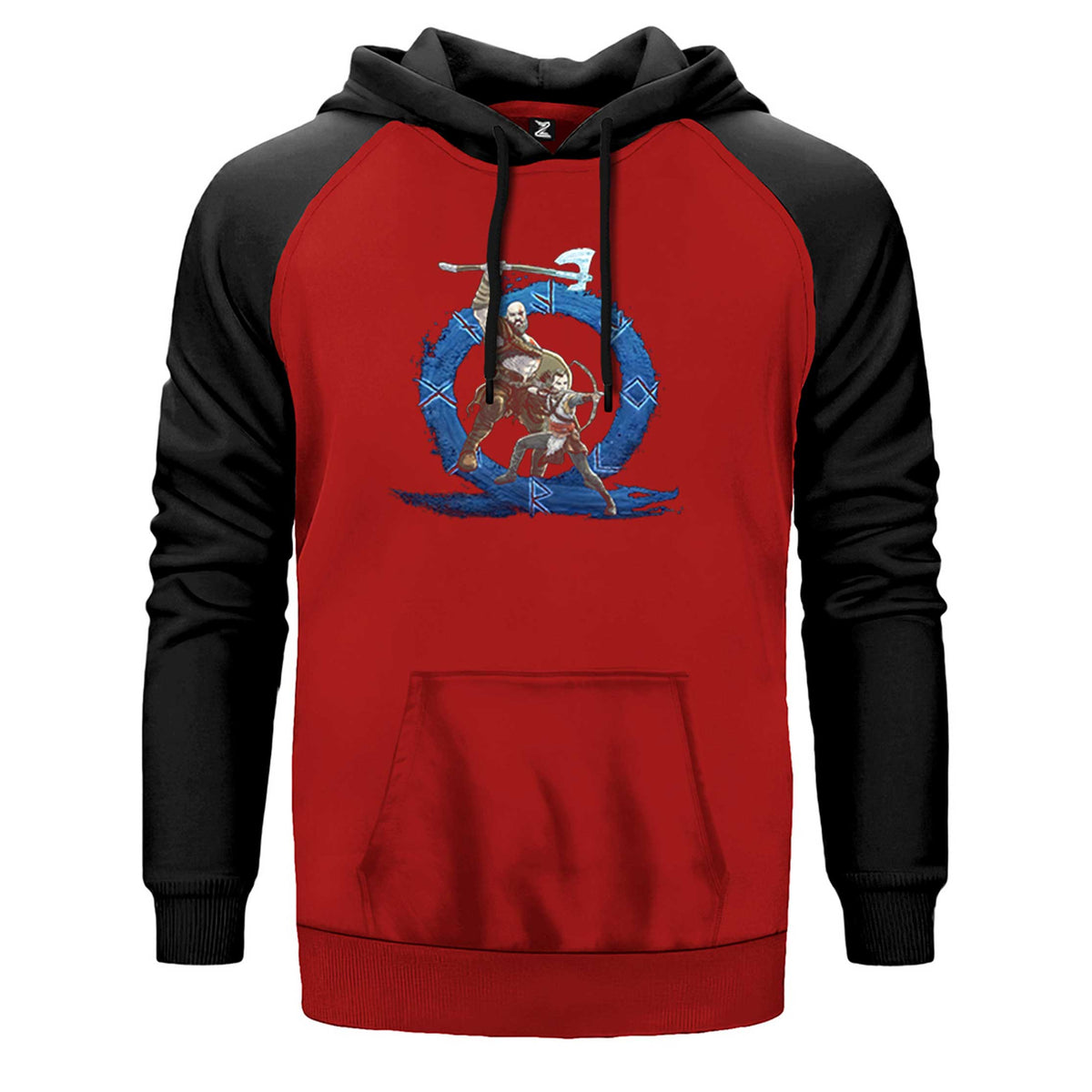 God Of War Ragnarok Kratos Atreus Cartoon çift renk reglan kol kapşonlu sweatshirt - kırmızı
