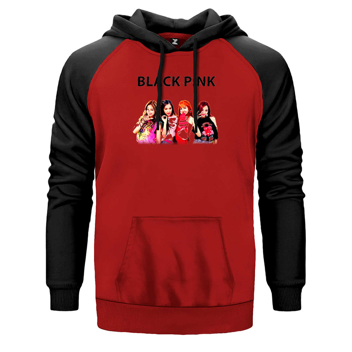Blackpink Black çift renk reglan kol kapşonlu sweatshirt - kırmızı