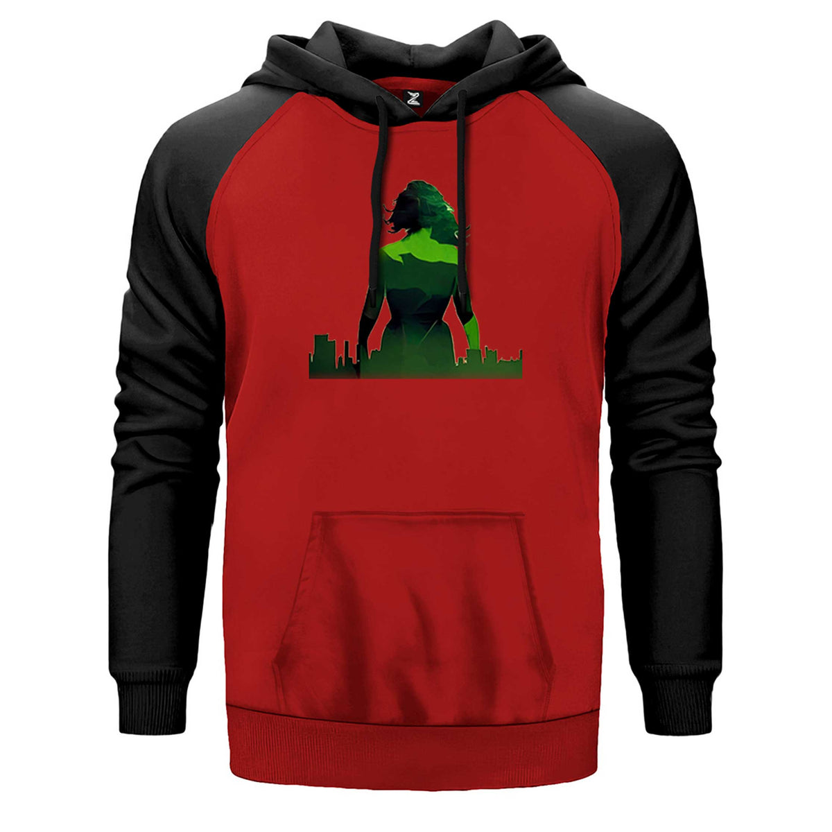 She Hulk City çift renk reglan kol kapşonlu sweatshirt - kırmızı