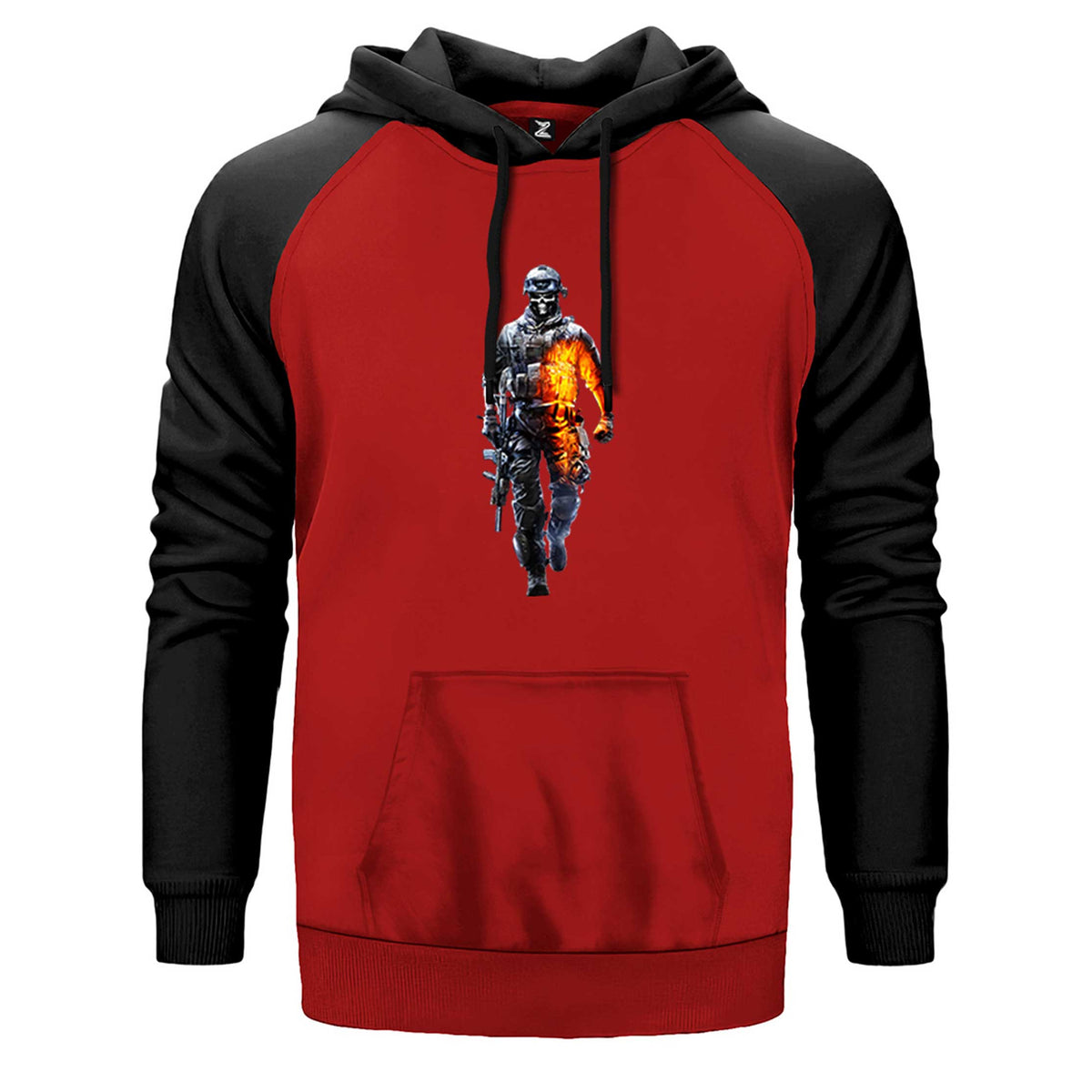 Call Of Duty Skull Warrior çift renk reglan kol kapşonlu sweatshirt - kırmızı
