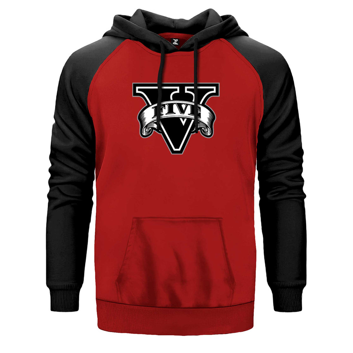 GTA Five Black Logo çift renk reglan kol kapşonlu sweatshirt - kırmızı