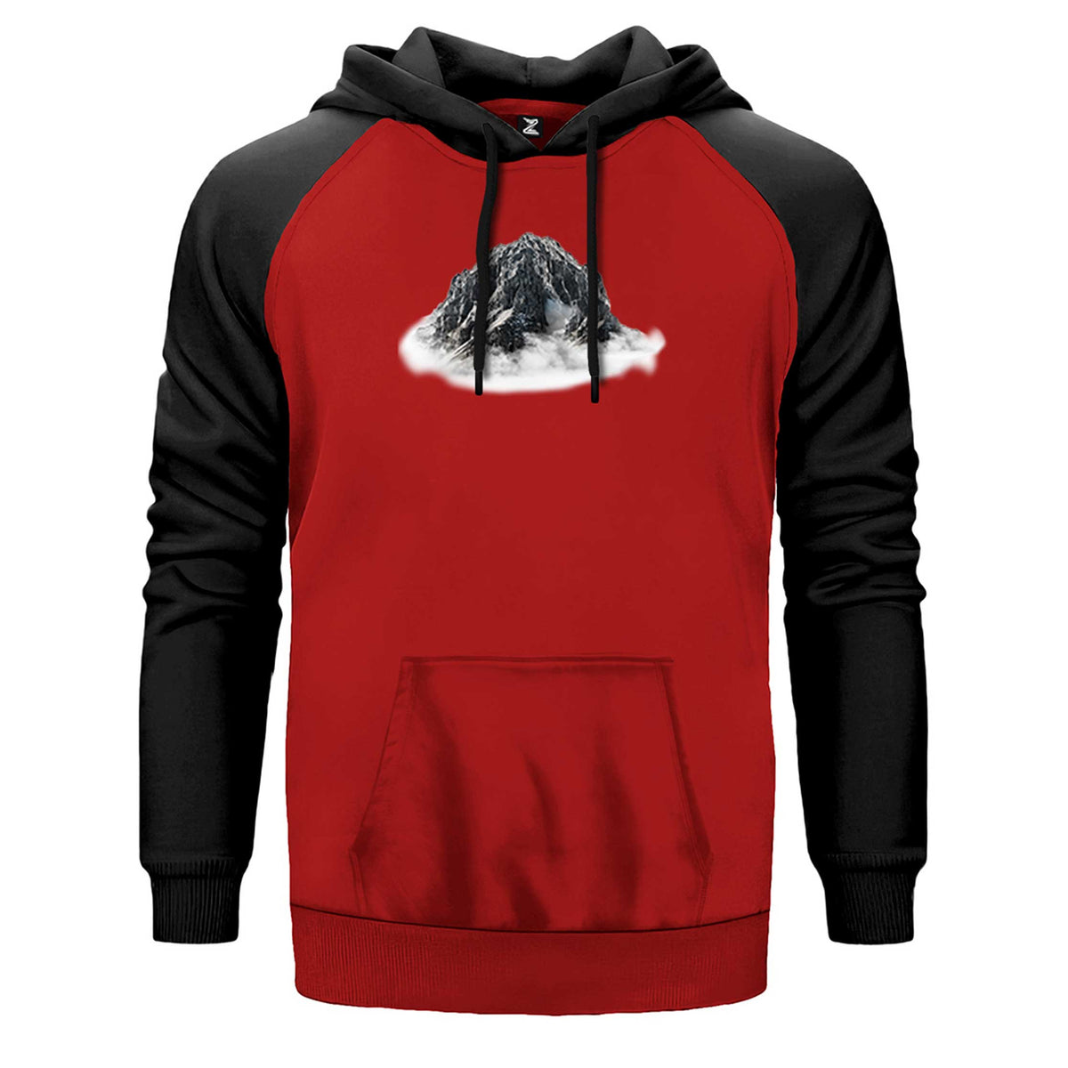Snow Mountain Landscape çift renk reglan kol kapşonlu sweatshirt - kırmızı