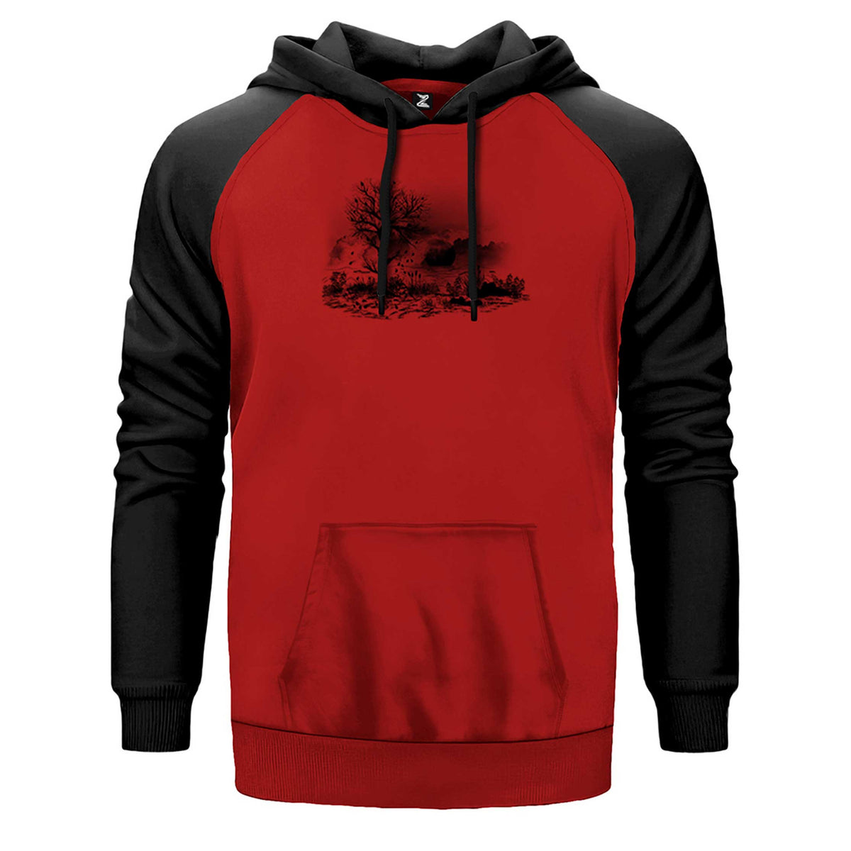 Black Tree Lake çift renk reglan kol kapşonlu sweatshirt - kırmızı