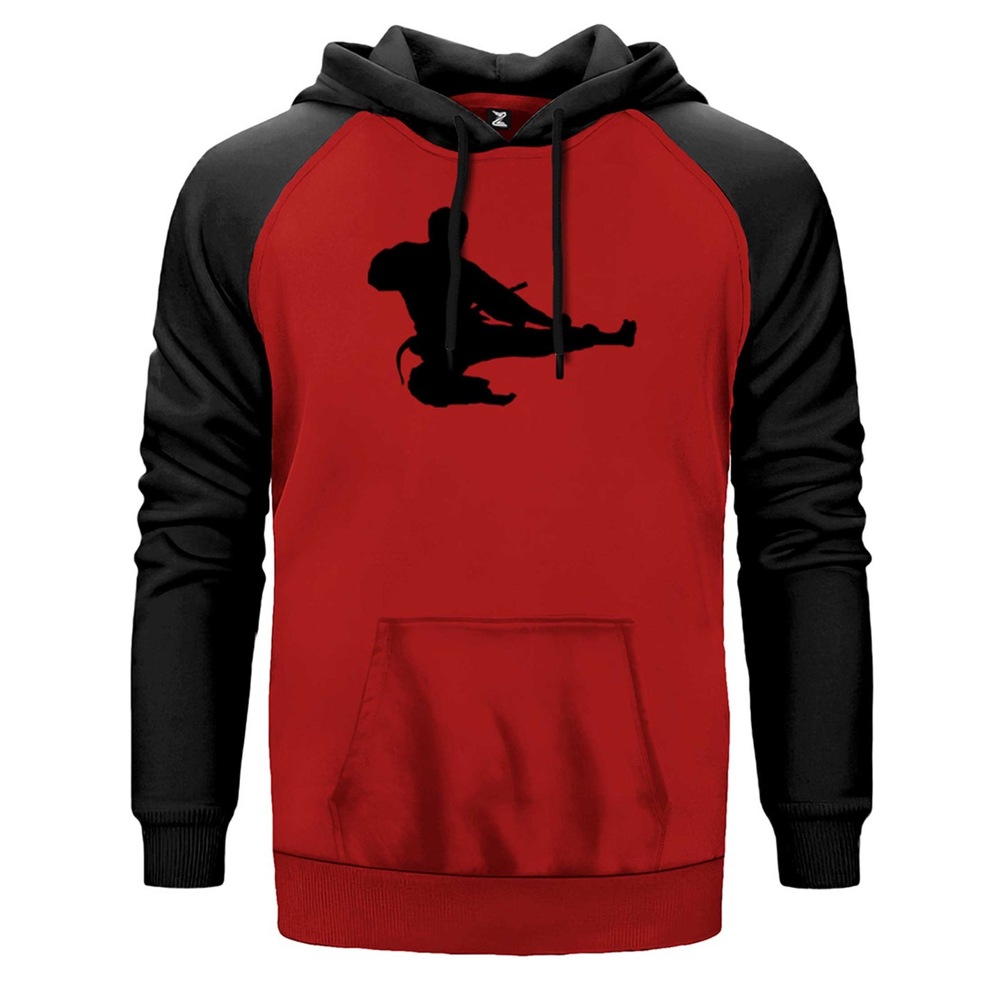 Taekwondo Karate Silhouette çift renk reglan kol kapşonlu sweatshirt - kırmızı