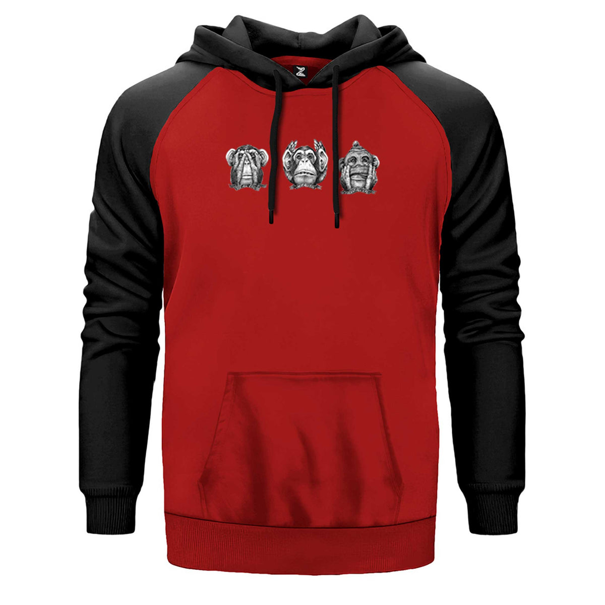 Three Monkeys Cartoon çift renk reglan kol kapşonlu sweatshirt - kırmızı