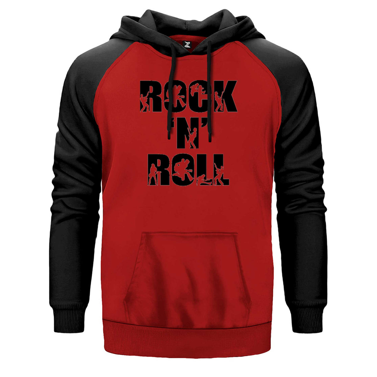 Black Rock 'N' Roll Text çift renk reglan kol kapşonlu sweatshirt - kırmızı