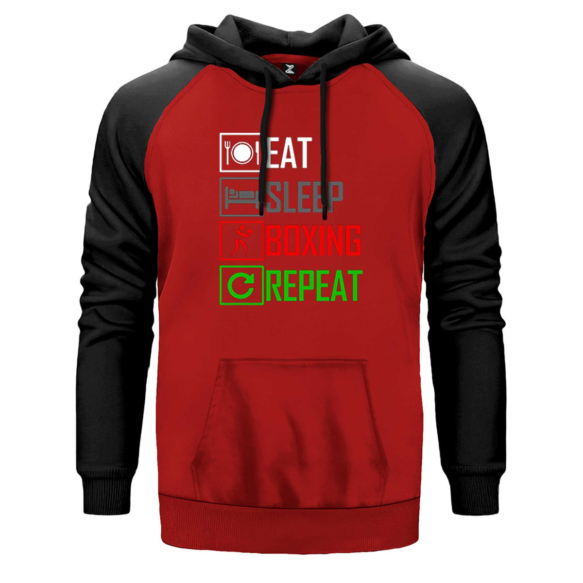 Boxing Repeat çift renk reglan kol kapşonlu sweatshirt - kırmızı