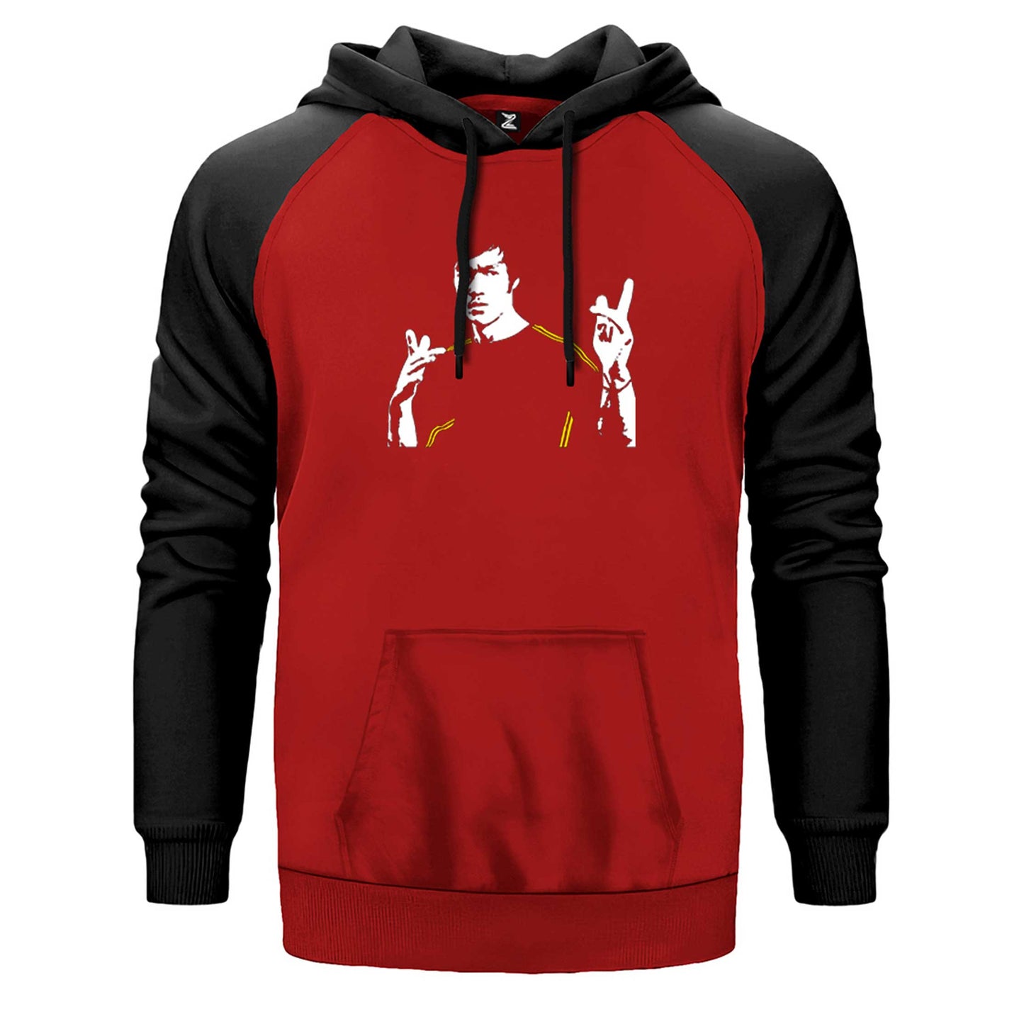 Bruce Lee Figure çift renk reglan kol kapşonlu sweatshirt - kırmızı