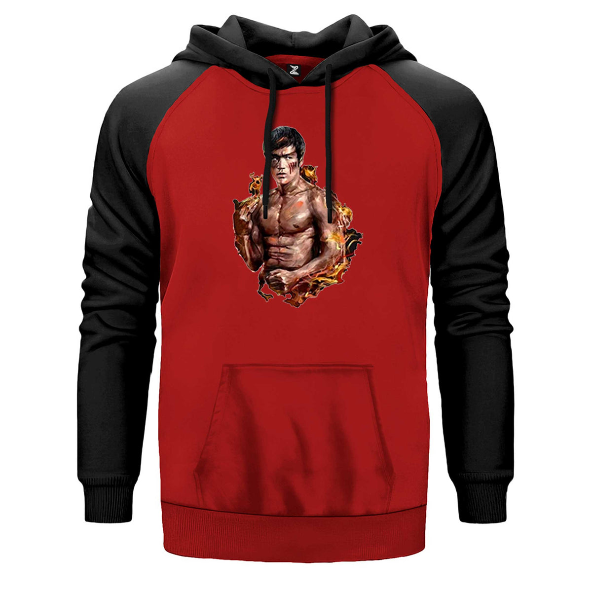 Bruce Lee Kick Dragon çift renk reglan kol kapşonlu sweatshirt - kırmızı