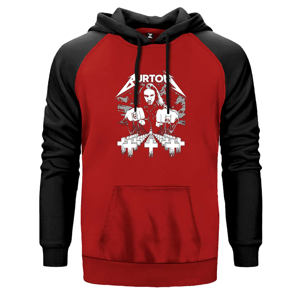 Metallica Cliff Burton Face çift renk reglan kol kapşonlu sweatshirt - kırmızı