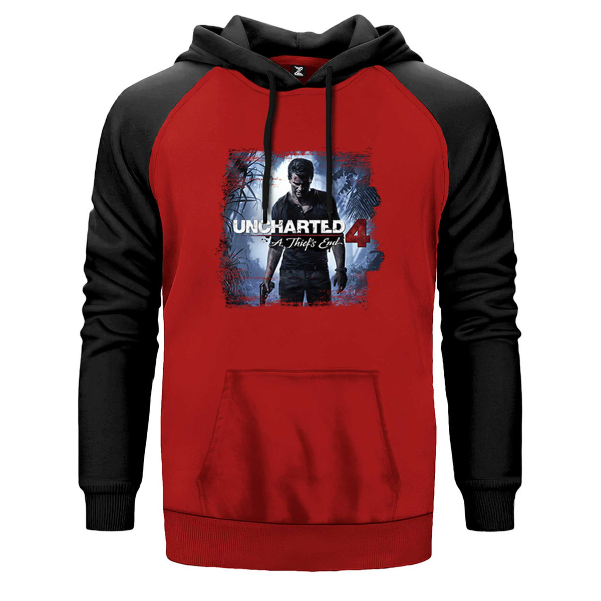 Uncharted 4 Nathan Drake Poster çift renk reglan kol kapşonlu sweatshirt - kırmızı