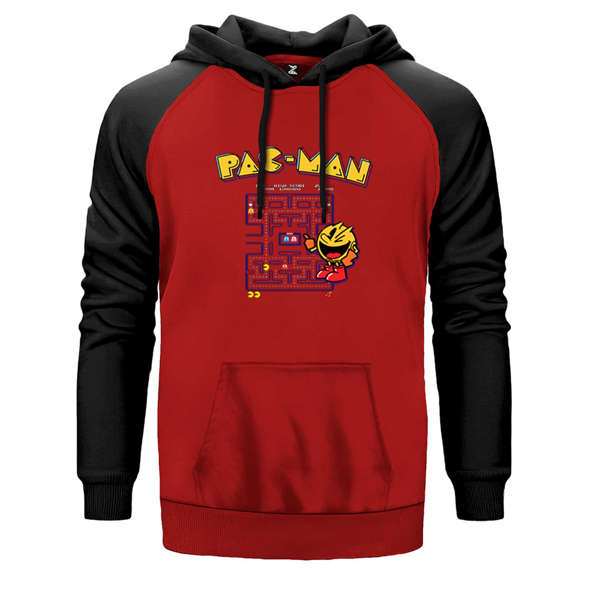 Pac-Man Eighties çift renk reglan kol kapşonlu sweatshirt - kırmızı