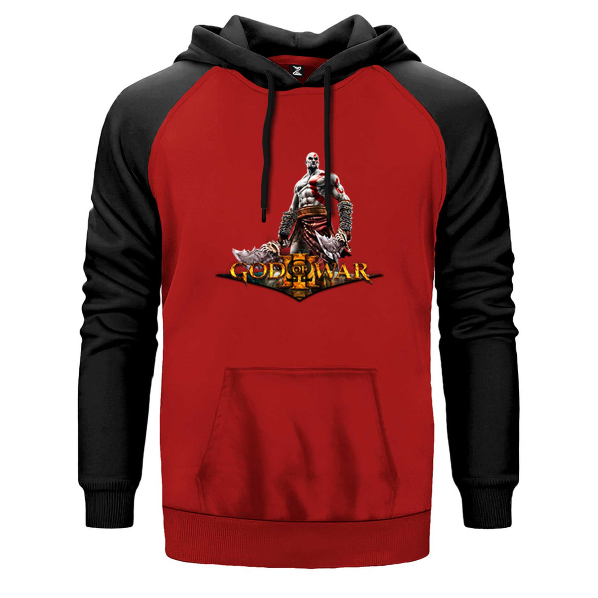 God of War Kratos Siluet Logo çift renk reglan kol kapşonlu sweatshirt - kırmızı