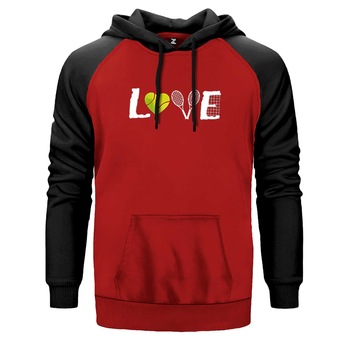 Tennis Love çift renk reglan kol kapşonlu sweatshirt - kırmızı