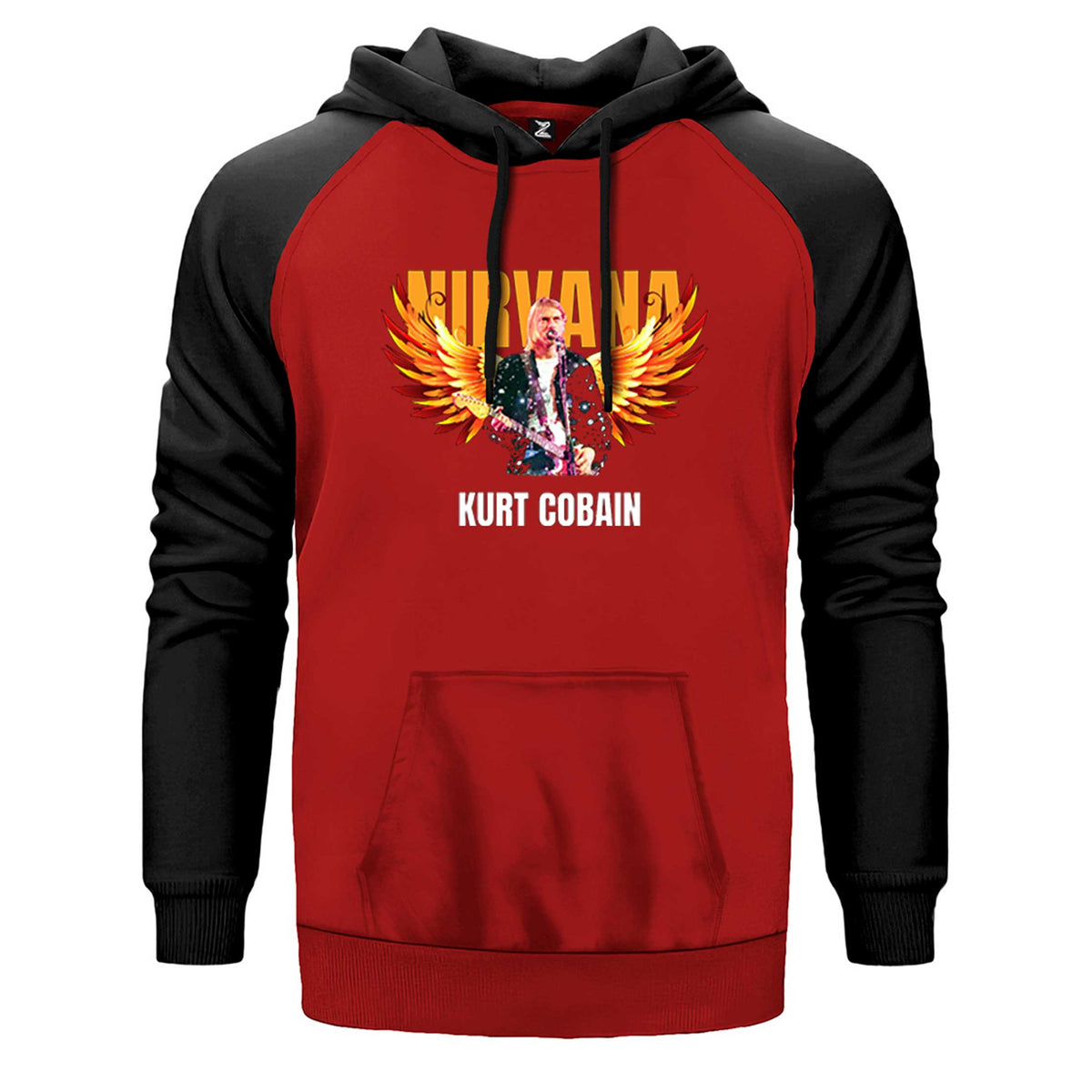 Nirvana Kurt Cobain Guitar Angel çift renk reglan kol kapşonlu sweatshirt - kırmızı