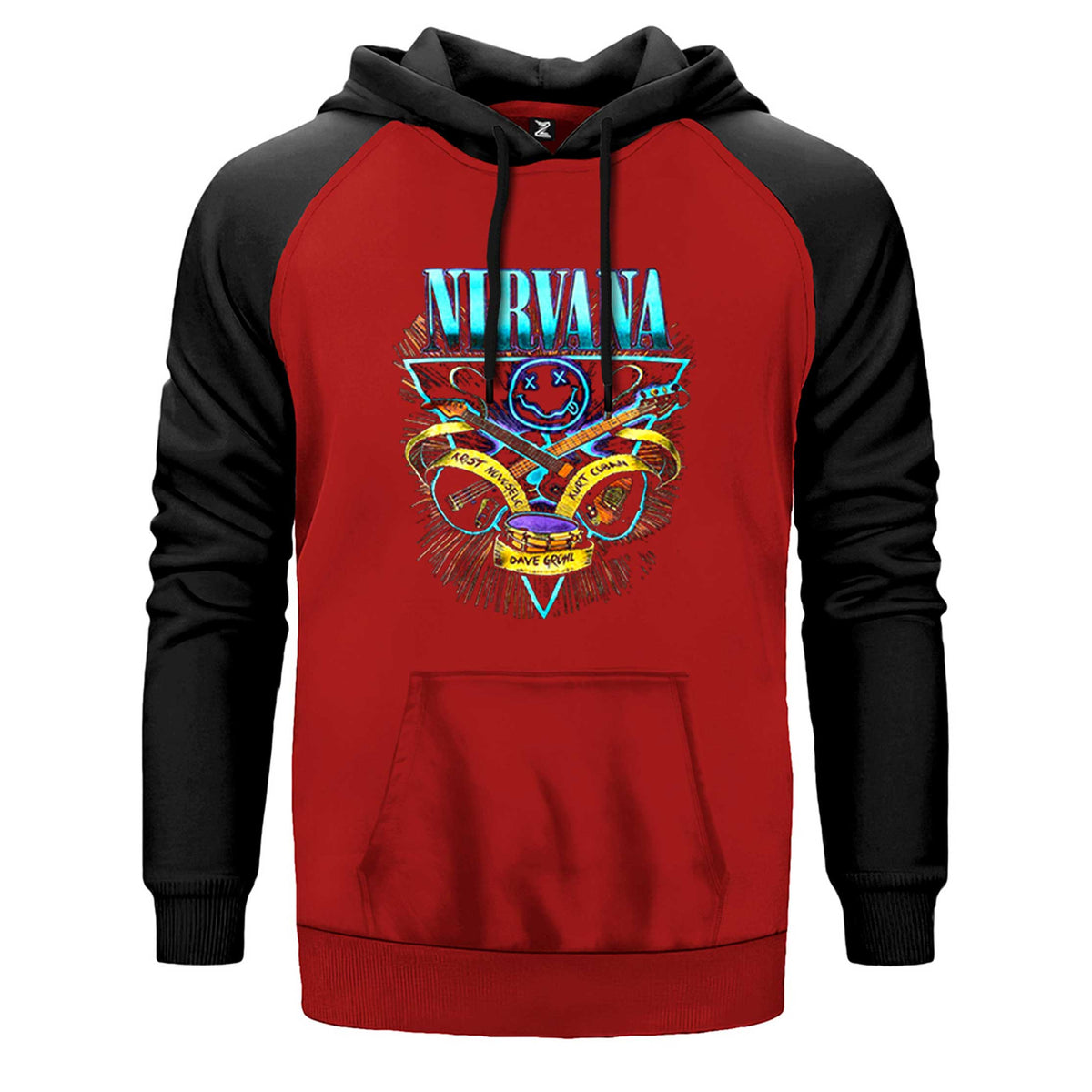 Nirvana Poster çift renk reglan kol kapşonlu sweatshirt - kırmızı