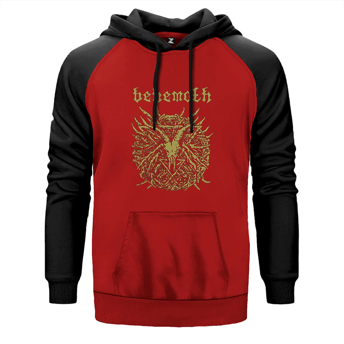 Behemoth Goat Pentagram çift renk reglan kol kapşonlu sweatshirt - kırmızı