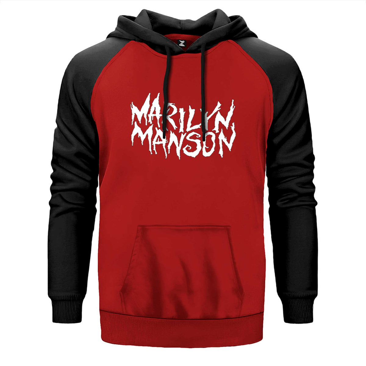 Marilyn Manson Iconic Text çift renk reglan kol kapşonlu sweatshirt - kırmızı