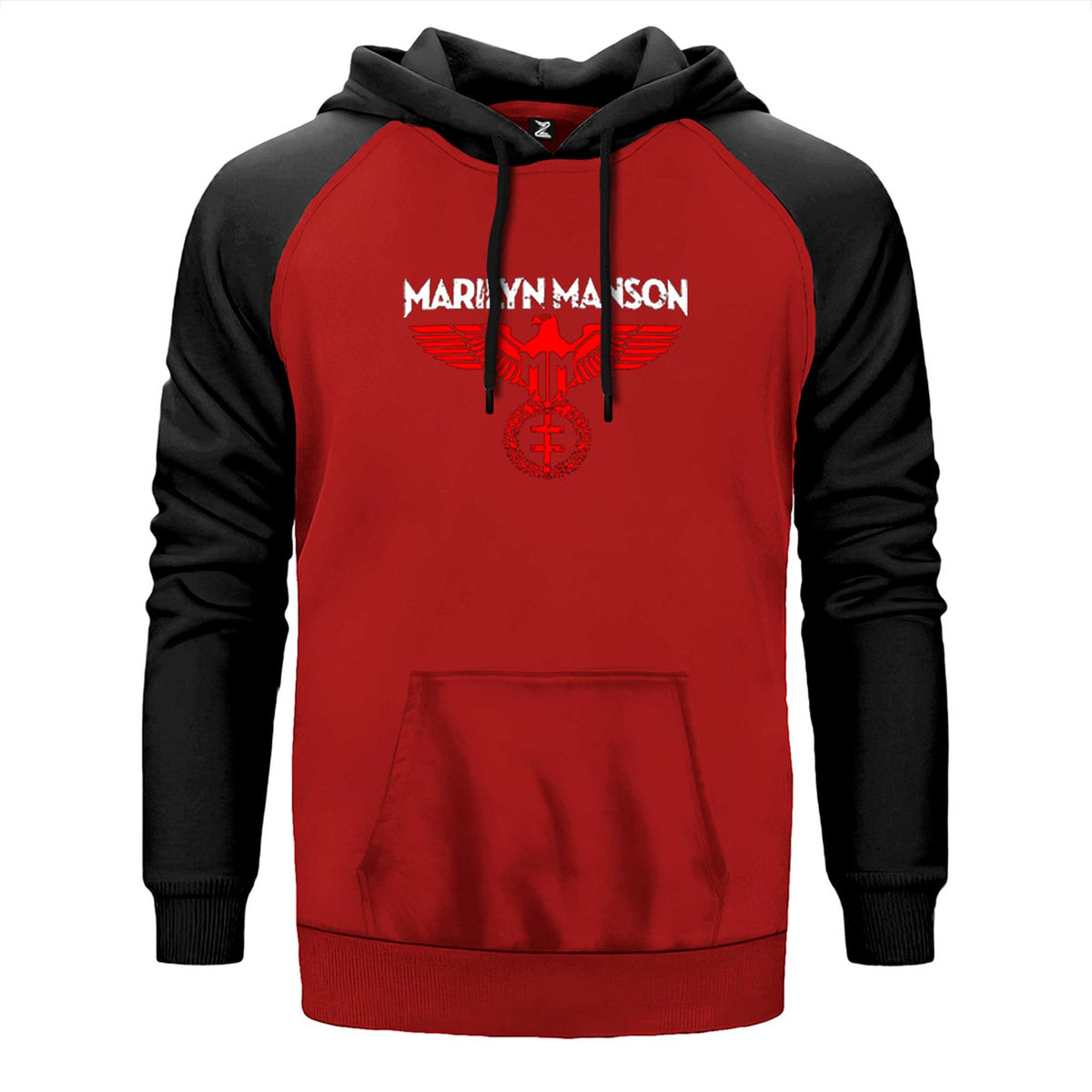 Marilyn Manson Spread Eagle çift renk reglan kol kapşonlu sweatshirt - kırmızı