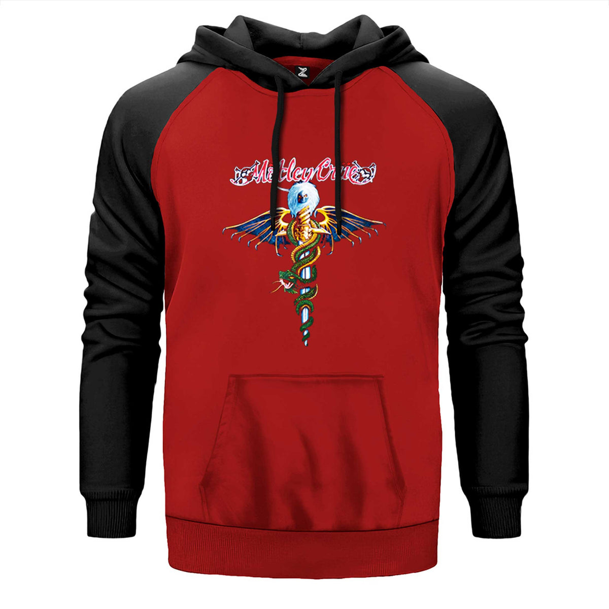 Mötley Crüe Dr. Feelgood çift renk reglan kol kapşonlu sweatshirt - kırmızı