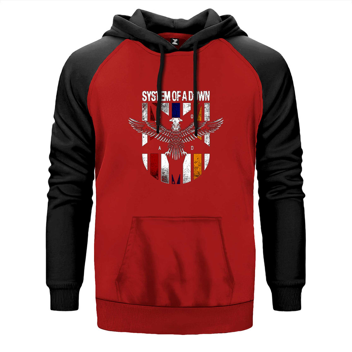 System of a Down Eagle Colors çift renk reglan kol kapşonlu sweatshirt - kırmızı