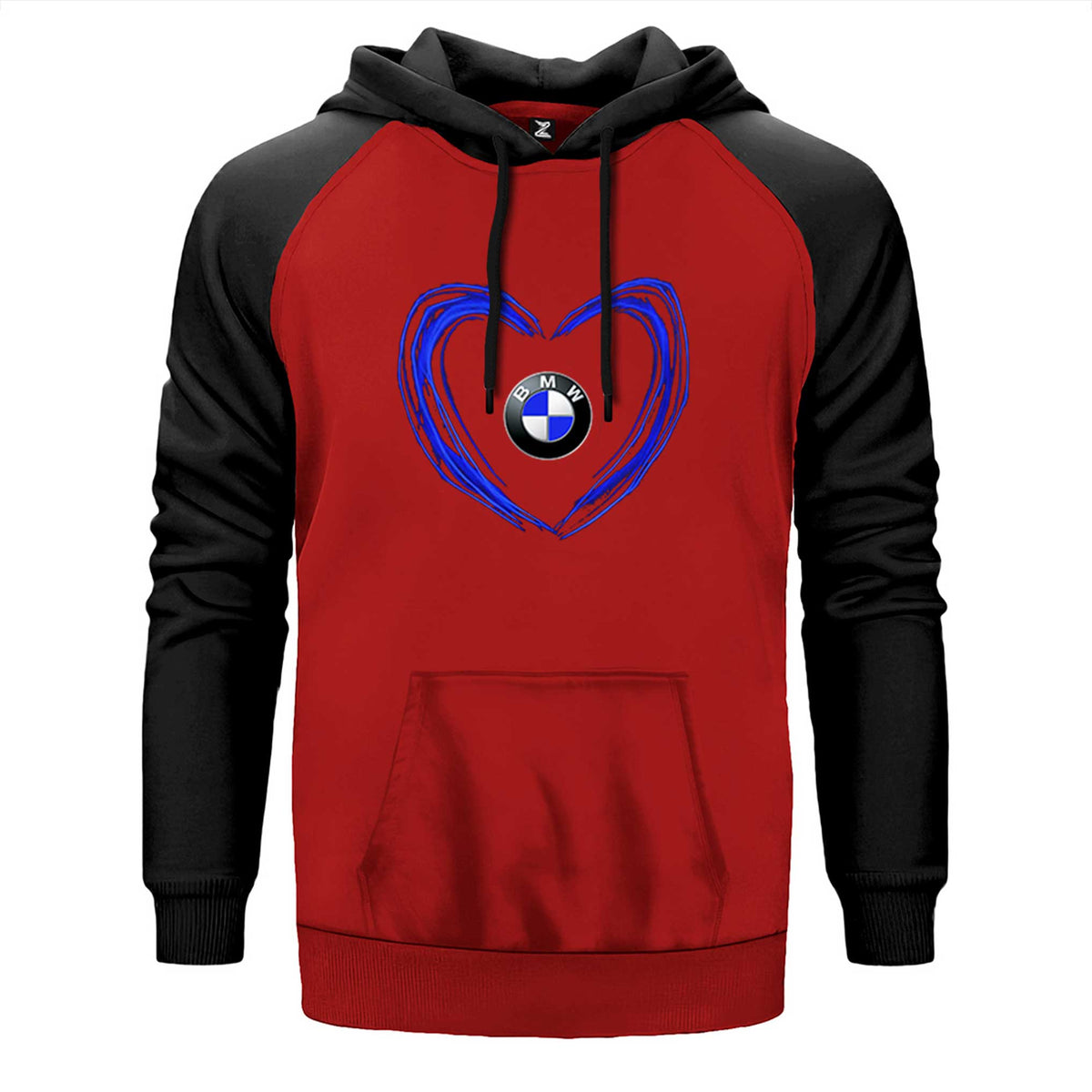 BMW Heart Logo çift renk reglan kol kapşonlu sweatshirt - kırmızı