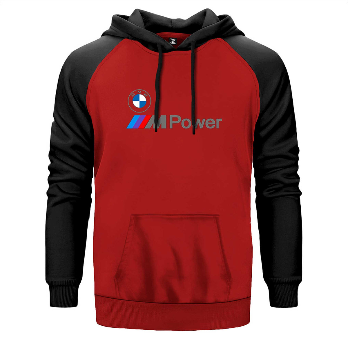 BMW Logo M Power Yazı çift renk reglan kol kapşonlu sweatshirt - kırmızı
