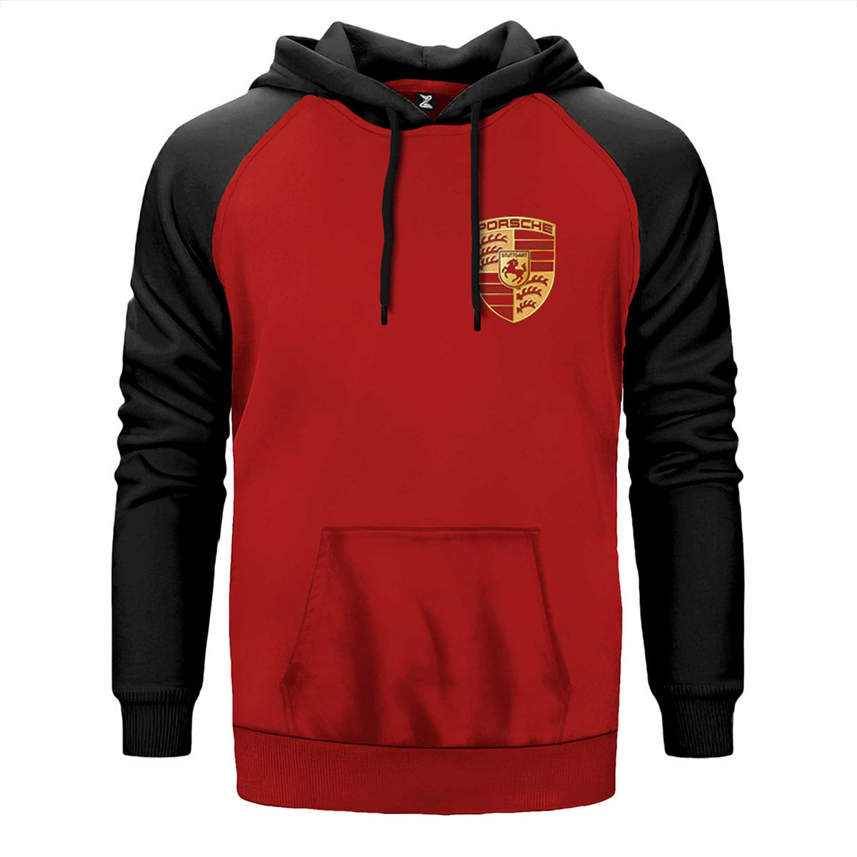 Porsche Logo çift renk reglan kol kapşonlu sweatshirt - kırmızı