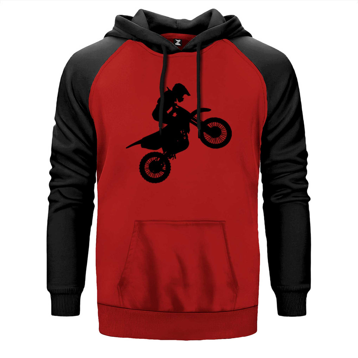 Motocross Motorcycle Siluet çift renk reglan kol kapşonlu sweatshirt - kırmızı