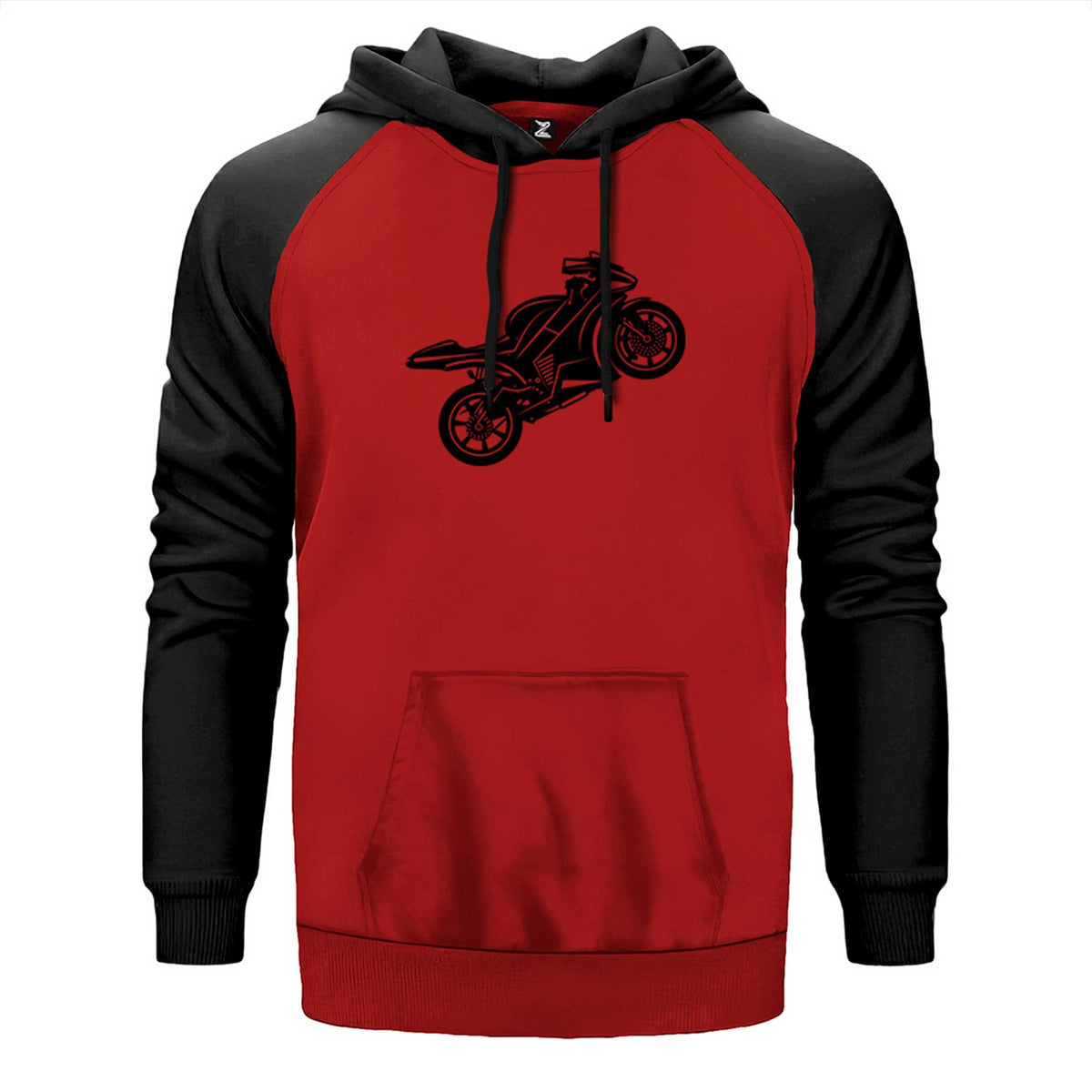 Motosiklet Siluet çift renk reglan kol kapşonlu sweatshirt - kırmızı