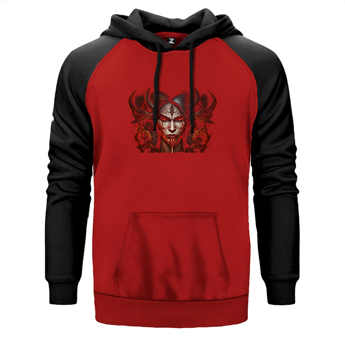 Diablo IV Lilith Face çift renk reglan kol kapşonlu sweatshirt - kırmızı