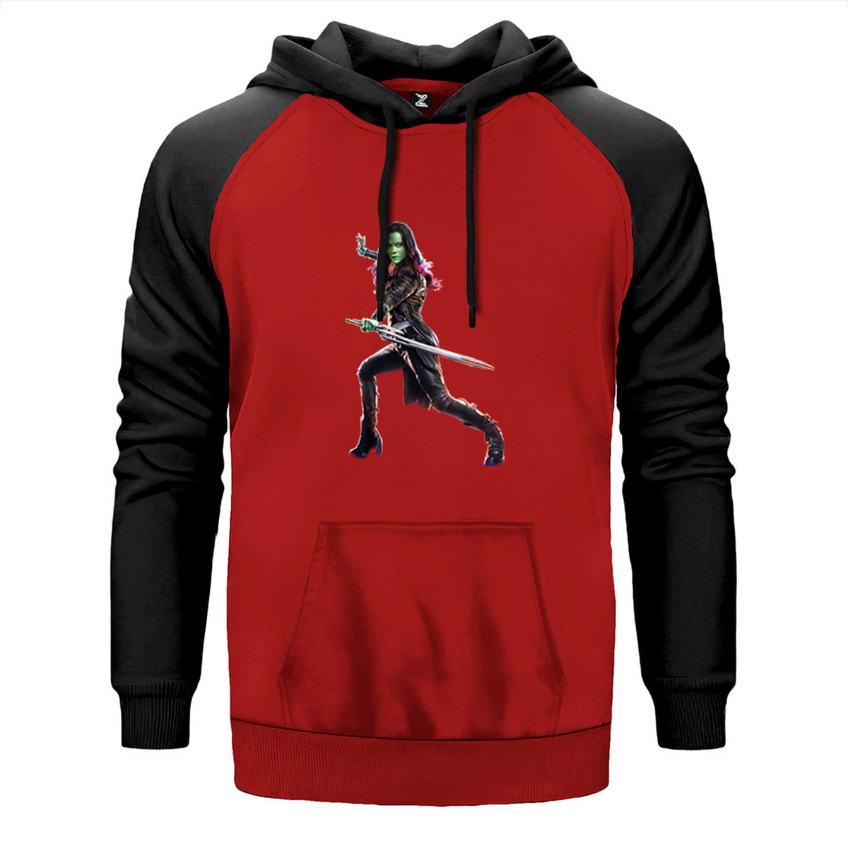 Galaksinin Koruyucuları Gamora çift renk reglan kol kapşonlu sweatshirt - kırmızı