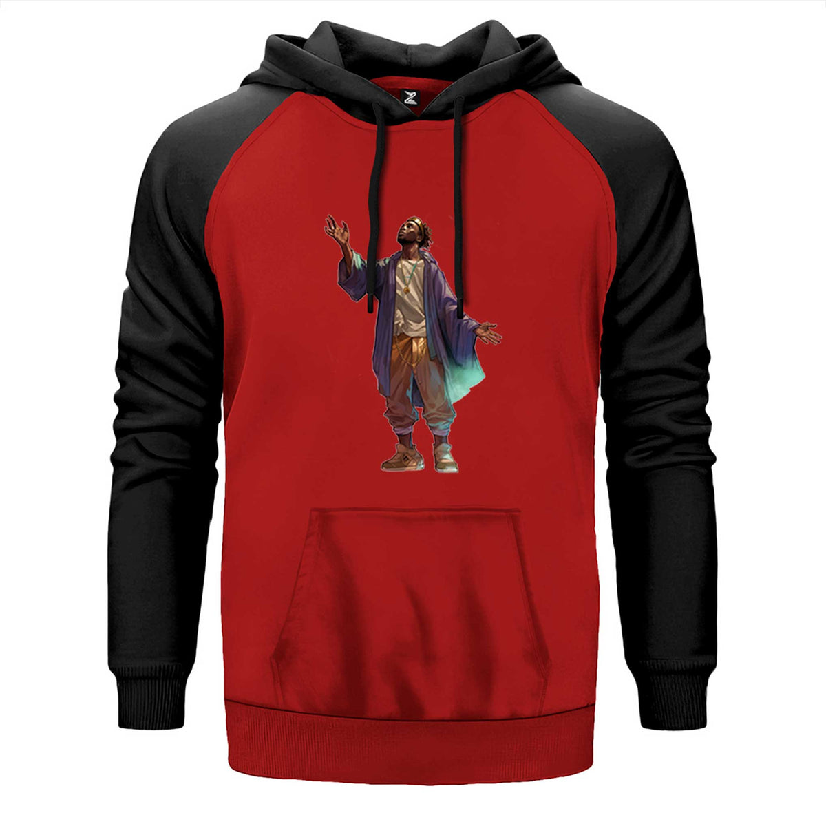 Black Hip Hop Artist çift renk reglan kol kapşonlu sweatshirt - kırmızı