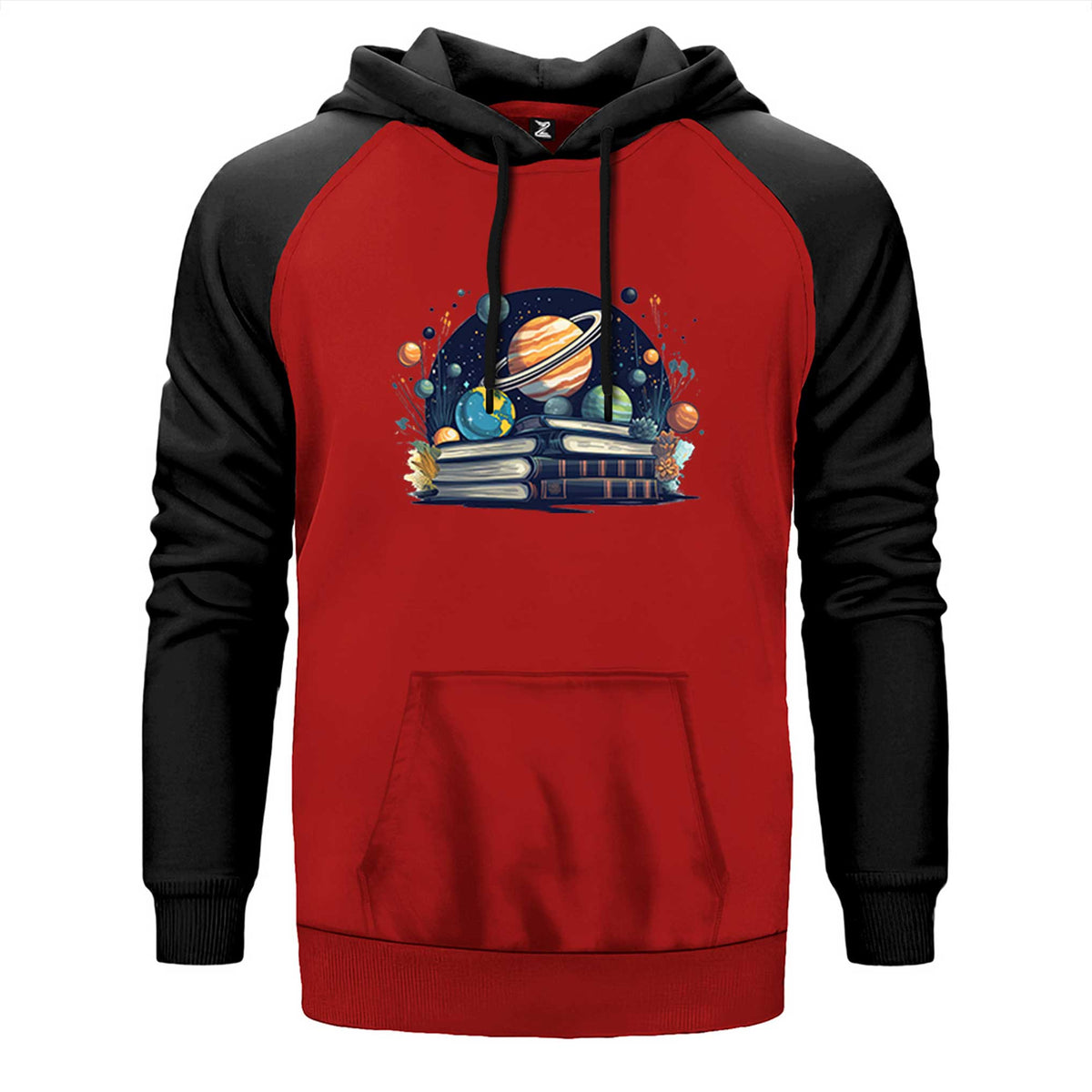 Book Planets çift renk reglan kol kapşonlu sweatshirt - kırmızı