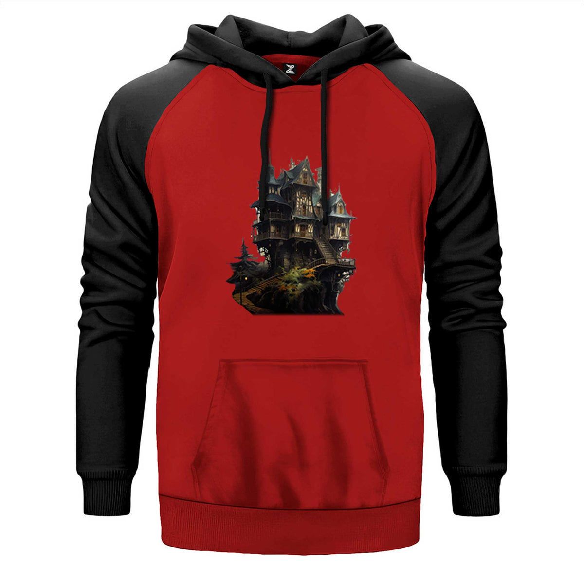 Castle in The Forest çift renk reglan kol kapşonlu sweatshirt - kırmızı