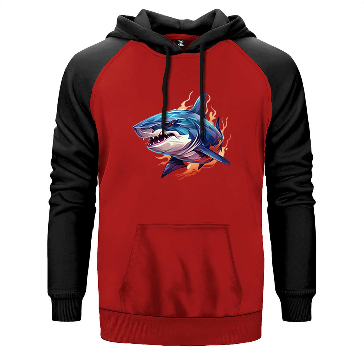 Color Shark çift renk reglan kol kapşonlu sweatshirt - kırmızı