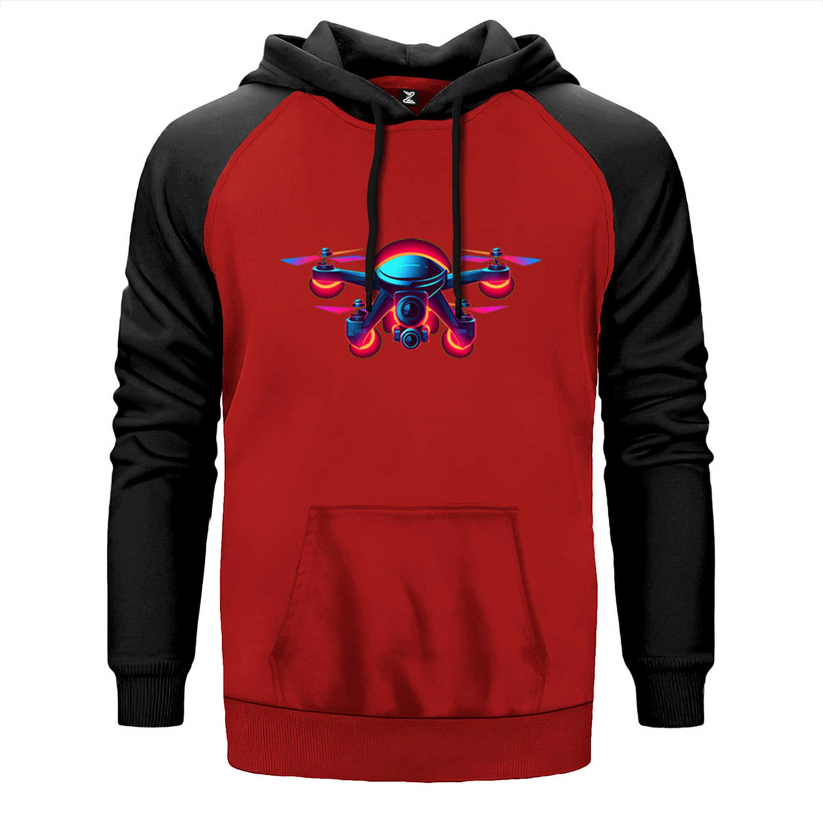 Drone Color çift renk reglan kol kapşonlu sweatshirt - kırmızı