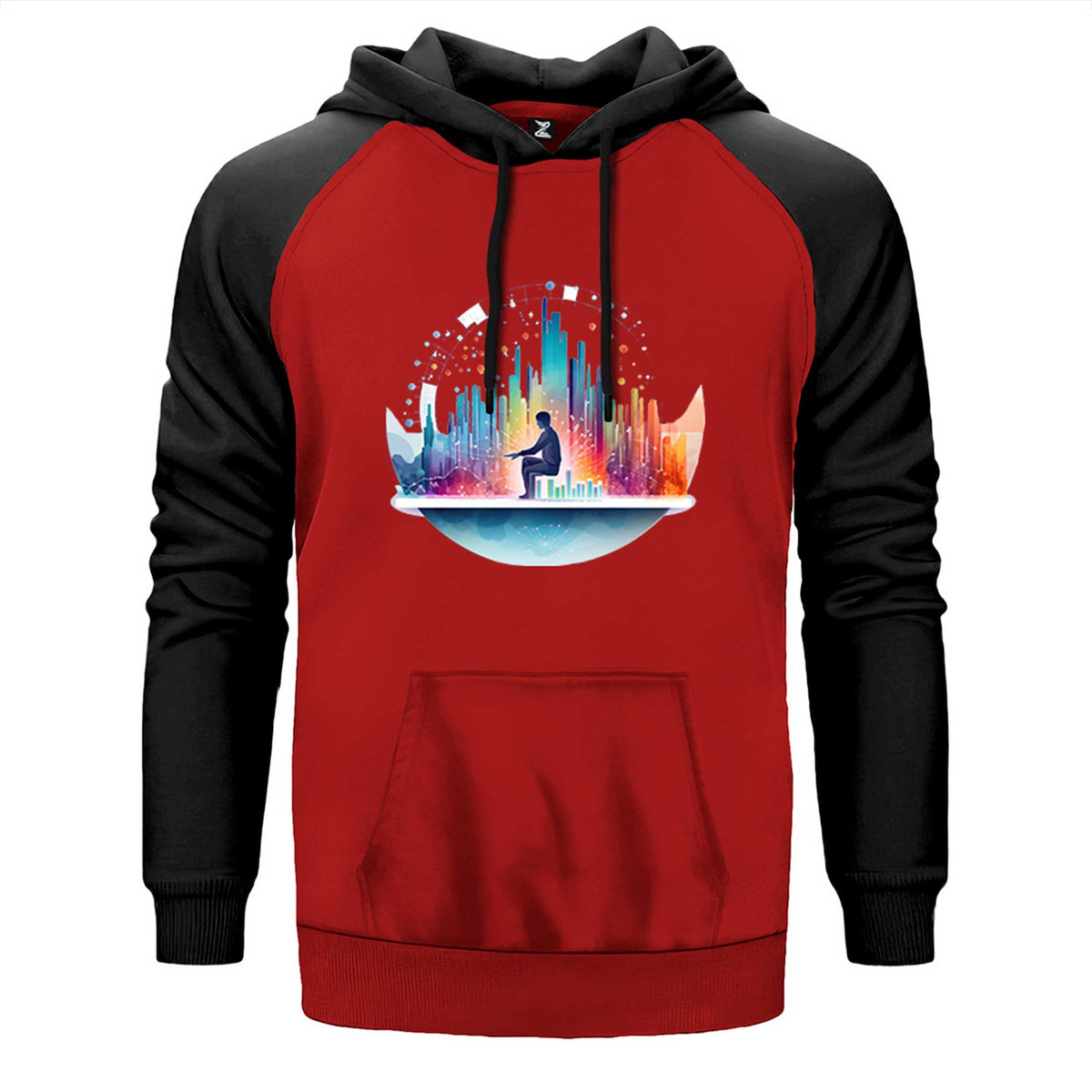Middleware çift renk reglan kol kapşonlu sweatshirt - kırmızı
